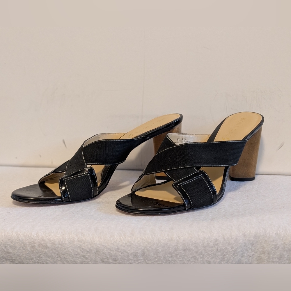 Boutique 9 Black Elastic Strap Slide Sandals Wood Heel Size 8.5 Leather Mules